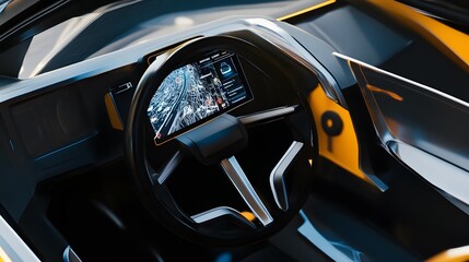 The interior of a modern car with a digital dashboard and a steering wheel.