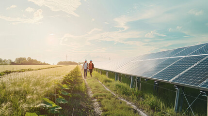 A pair of people stroll along a path adjacent to solar panels under a bright sky, symbolizing...