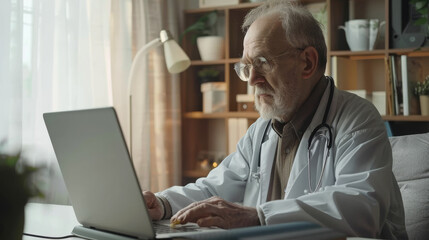 An elderly doctor with glasses and a stethoscope focuses intently on his laptop in a cozy, professional office setting.