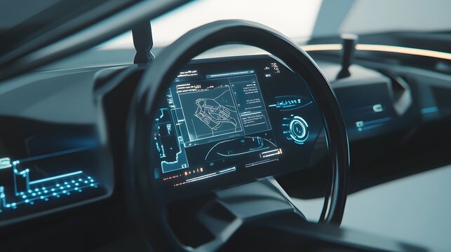 Close-up of a futuristic car's dashboard with a digital display showing a map and other information.