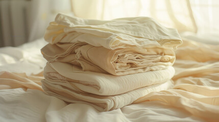 Soft sunlight illuminates a neatly folded stack of beige linens on a bed, creating a sense of coziness and order in a tranquil bedroom.