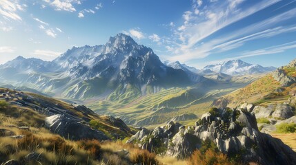 A breathtaking view of a mountain range, with a clear blue sky and wispy clouds,  looking out over a valley of rolling green hills.