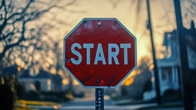 Red stop sign standing in the middle of a neighborhood at sunset