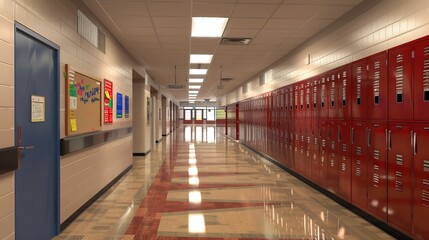 Fototapeta premium Picture a 3D school hallway lined with lockers, bulletin boards, and classroom doors.