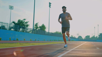 A man runs on a sunlit track surrounded by greenery and an empty stadium, embodying the spirit of early morning exercise and determination.