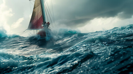 A sailboat battles through towering waves under a stormy sky, depicting the drama and thrill of the high seas.