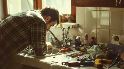 A man intensely focused on fixing a kitchen sink surrounded by various tools, capturing the essence of a handyman at work.