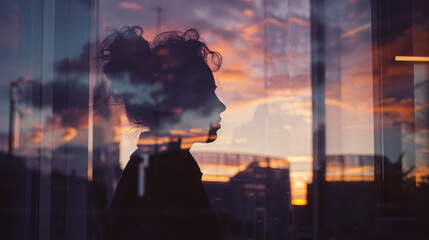The shadowed profile of a person against a vibrant sunset sky, reflected on glass, creates a mood of introspection.