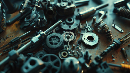 A collection of various mechanical parts, gears, and tools meticulously arranged on a wooden surface, creating a vintage industrial aesthetic.