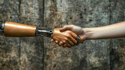Engineer and robot shaking hands in greeting