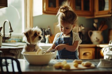 A child stands on a stool mixing ingredients in a bowl while their furry friend patiently waits.