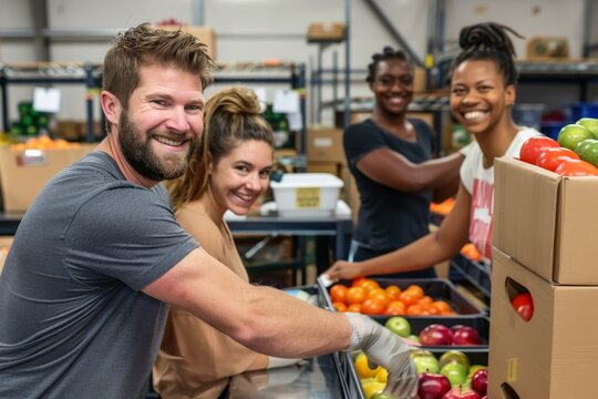 A business team volunteering at a local food bank sorting and boxing donations.