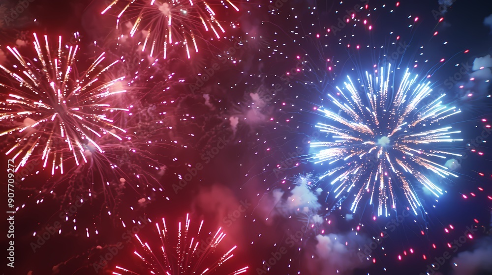 Poster colorful fireworks exploding in the night sky, creating a dazzling display of light and color.