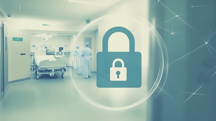 A large padlock icon is superimposed over a hospital hallway, emphasizing the importance of medical data security.