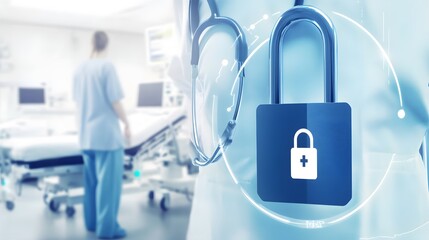 A medical professional stands in a hospital room with a digital padlock superimposed over their chest, symbolizing the importance of patient data security.