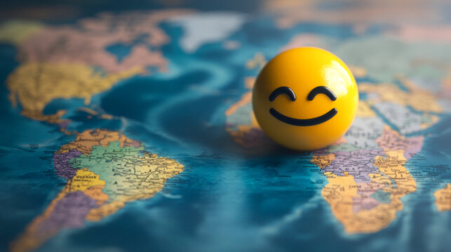 Yellow happy smiling face emoji is standing on world map - Powered by Adobe