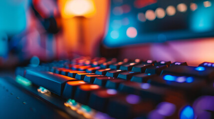 A close-up of a colorful, backlit gaming keyboard in a dimly lit room, capturing the vibrant and immersive ambiance of a gamer's setup.