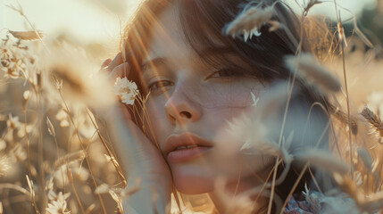 Sun-kissed woman surrounded by oat fields, with a dreamy expression, capturing the essence of tranquility and nature's beauty.