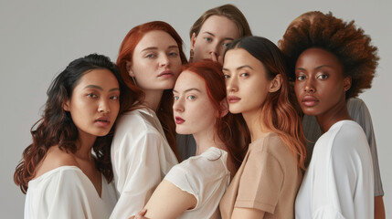 Obraz premium A cohesive and elegant portrait of six diverse women standing together, exuding confidence and solidarity in their natural beauty.