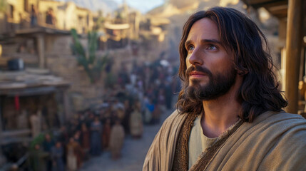 Prophet looking up with hope in ancient city as people gather