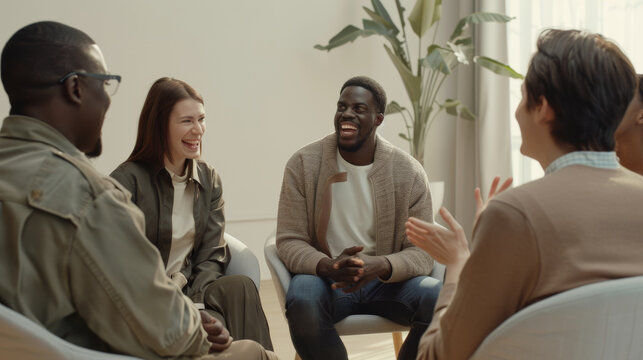 An animated group of diverse individuals share a lively conversation in a well-lit room, expressing joy and camaraderie.