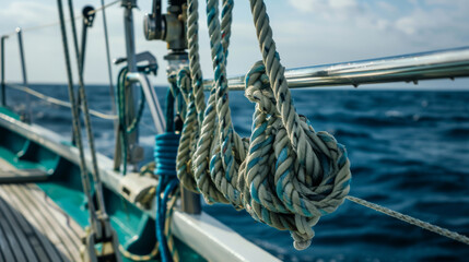 Obraz premium Close-up of thick ropes coiled and secured on a sailboat, set against the backdrop of a clear day at sea, evoking a sense of adventure and nautical life.
