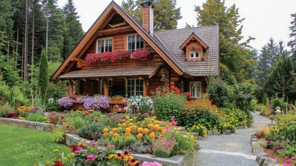 Obraz premium Picture a cozy chalet with wooden beams, a steeply pitched roof, and flower boxes under the windows.