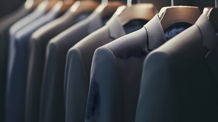 Fototapeta premium A row of suits hanging on hangers, showcasing the tailored elegance of men's formal wear.