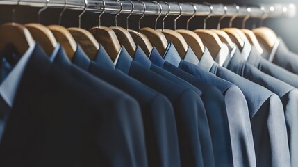 A row of navy blue suits hanging on wooden hangers in a closet.