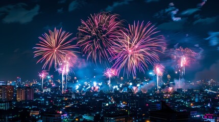 Vibrant fireworks explode over a cityscape at night.