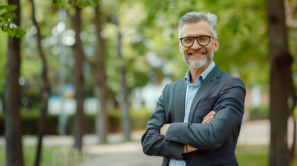 A mature, distinguished man in a suit stands confidently in a leafy park, arms crossed and smiling warmly.