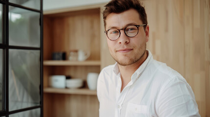 Fototapeta premium A man in a white shirt with round glasses stands confidently, exuding professionalism in a modern wood-paneled office setting.