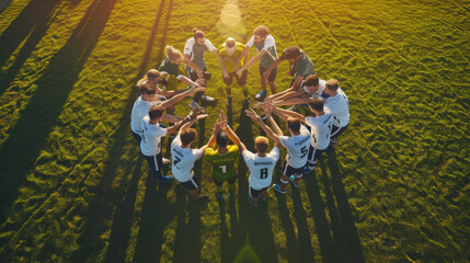 A team of young soccer players huddles together in a tight circle on a grassy field, hands joined in solidarity, under the warm glow of the setting sun.