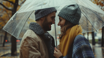 A couple sharing a delightful moment under an umbrella on a rainy autumn day, smiling and looking into each other's eyes.