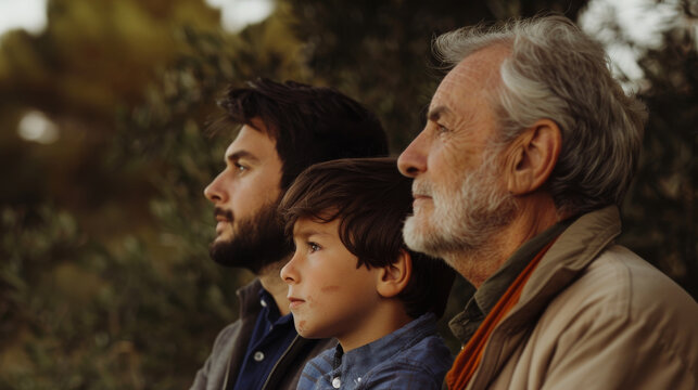 An intimate moment featuring three generations of men, from child to senior, each deep in thought, set against a backdrop of lush greenery, embodying family connections.