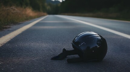 Fototapeta premium A black motorcycle helmet lies on the asphalt of a road, the road stretching out ahead. 