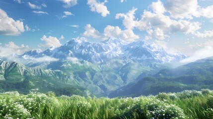 Fototapeta premium A breathtaking view of a snow-capped mountain range, with lush green hills in the foreground and a bright blue sky with fluffy clouds overhead.