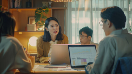A team of professionals in a modern office discuss ideas around a table, illuminated by warm lighting, with laptops open and charts on display.