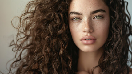 Naklejka premium A woman with voluminous, curly hair gazes directly into the camera, her freckled face highlighted by soft, natural light, exuding confidence and beauty.