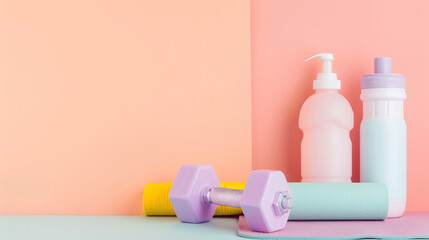 Assorted fitness gear set against pastel backdrop, conveying an aesthetic approach to a healthy lifestyle and workout routine.