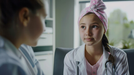 Fototapeta premium A young girl wearing a pink headscarf and lab coat, deeply engaged in a conversation with another person.