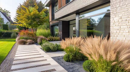 Obraz premium Picture a modern suburban home in the UK with a clean, contemporary design, large windows, and a landscaped front garden.