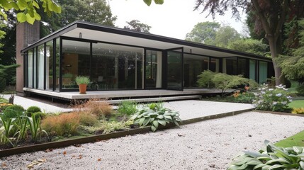 Fototapeta premium Picture a modernist house in the UK with a flat roof, large glass windows, and a minimalist front garden.