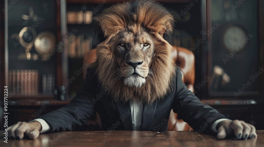 Wall mural lion businessman in a stylish classic suit posing sitting at his desk, animal boss in human body, en