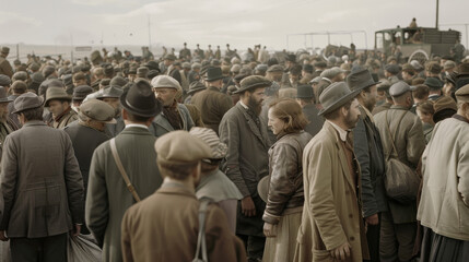 A bustling crowd of people dressed in early 20th-century attire gathering at an event, evoking a sense of historical significance and community.