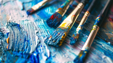 Fototapeta premium A set of textured paintbrushes covered in thick, vibrant blue paint, sprawled artistically over a palette, evoking the essence of artistic creation.