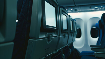 The airplane's cabin is dimly lit, emphasizing the elegantly designed empty seats and installed infotainment systems.
