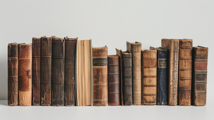 A collection of antique books with worn covers and spines lined up on a shelf, evoking a sense of history, knowledge, and timelessness. - Powered by Adobe