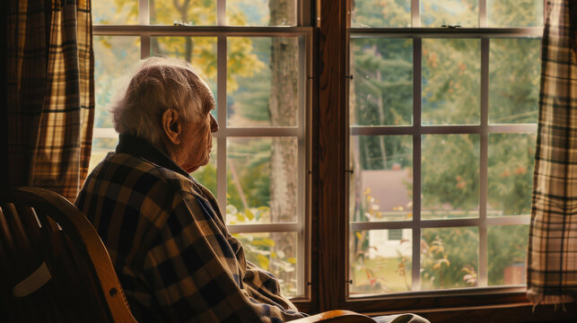 An elderly person in a cozy plaid shirt gazes out a window at the lush green landscape, embodying nostalgia and calm reflection.