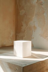 A minimalist white cube sits on a textured surface with warm, natural light casting shadows, perfect for design, architecture, or branding concepts,
